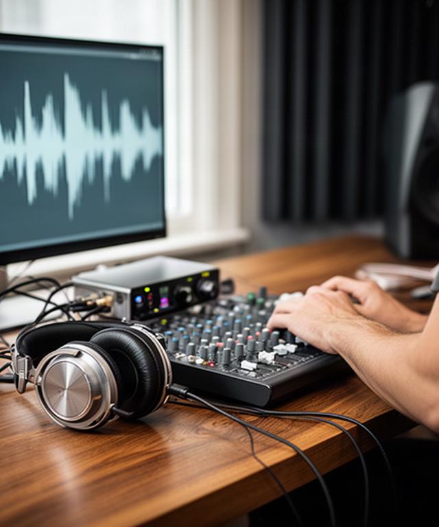 木の机に並ぶオーディオ機器とヘッドホン、録音音源を確認するミックス作業の様子
