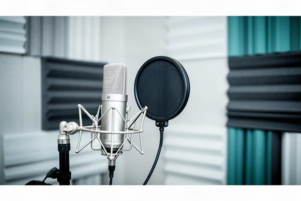 マイクと吸音材を備えたレコーディングブースで、ナレーション収録の準備を整えたスタジオの様子